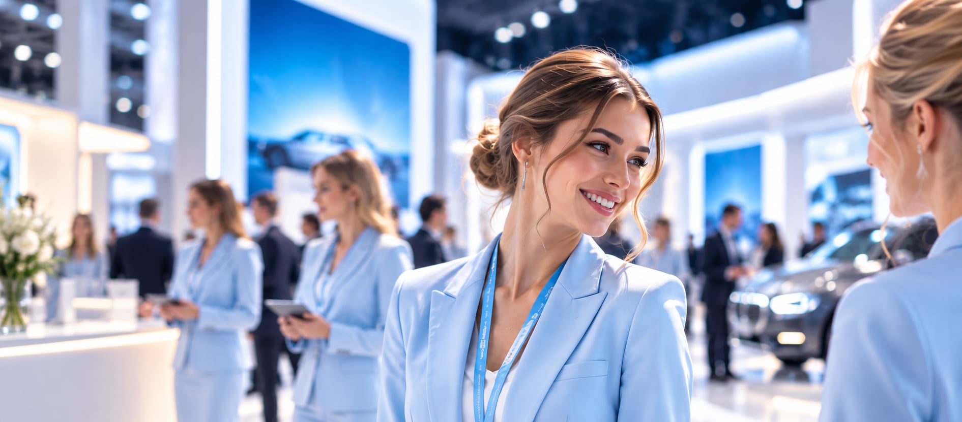 Hostessen in hellblauen Blazern auf einer Messe