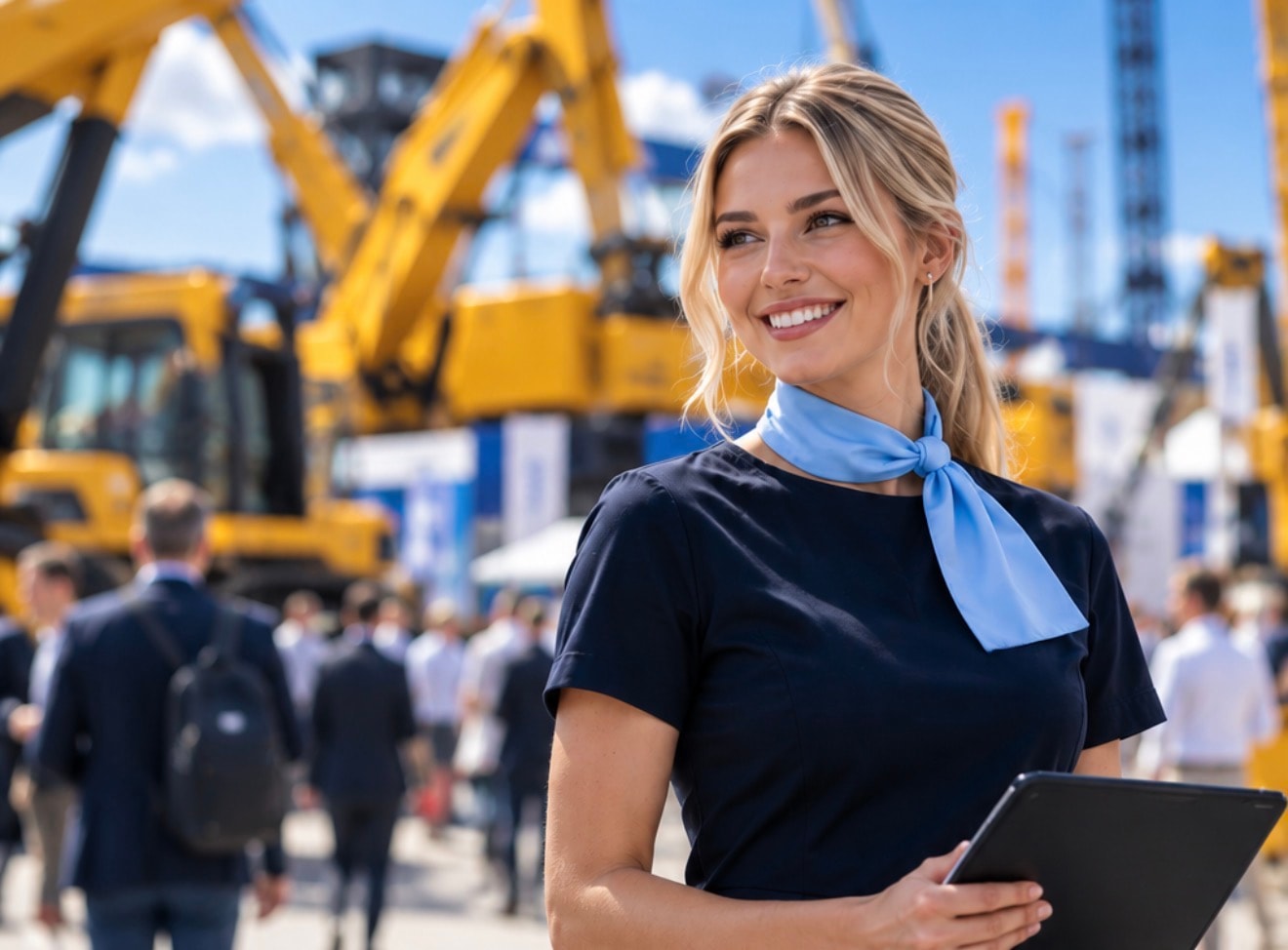 Freundliche Messehostess mit Tablet auf dem Freigelände der bauma vor Baumaschinen