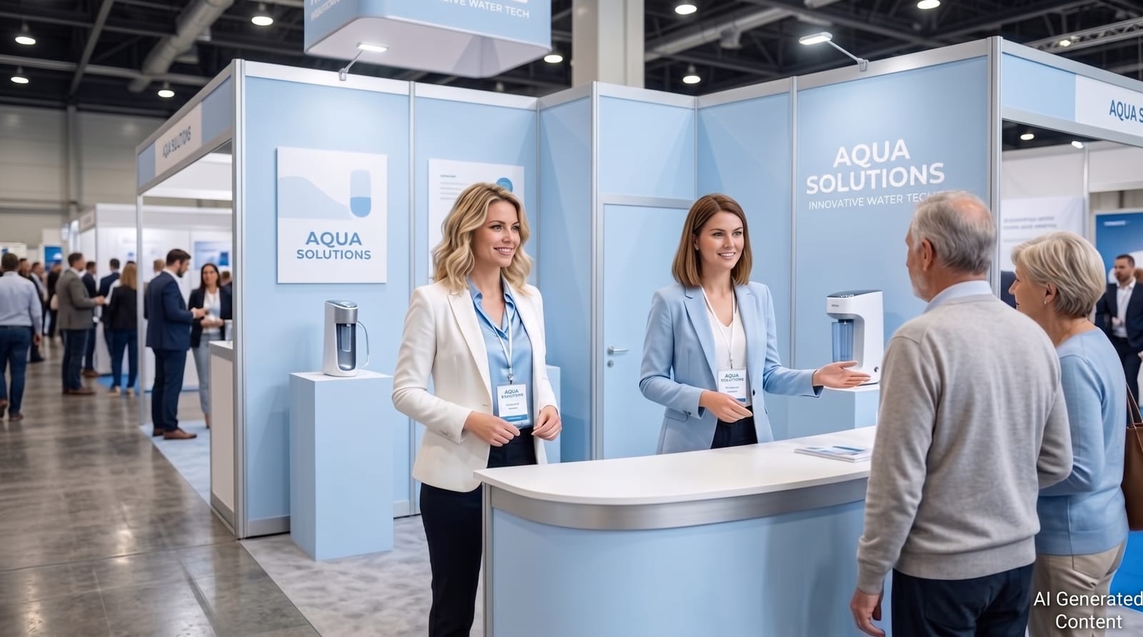 Zwei Hostessen empfangen Besucher an einem Messestand