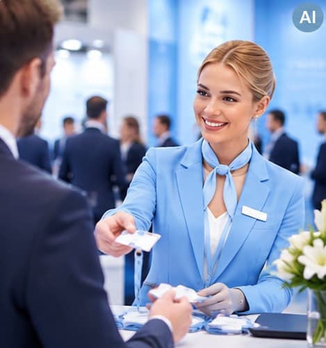 Hostess begrüßt einen Gast in der Lounge
