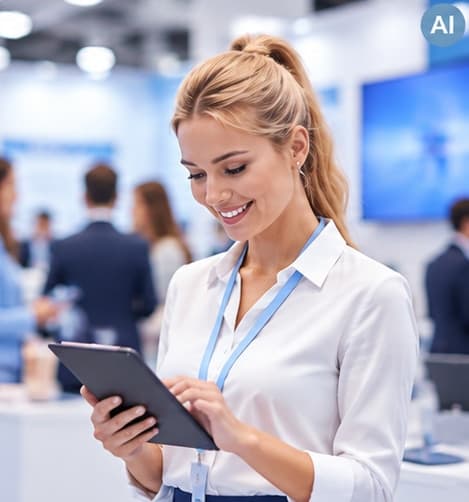 Hostess erfasst Kontakte auf dem Tablet