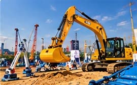 Freundliche Messehostess mit Tablet auf dem Freigelände der bauma vor Baumaschinen