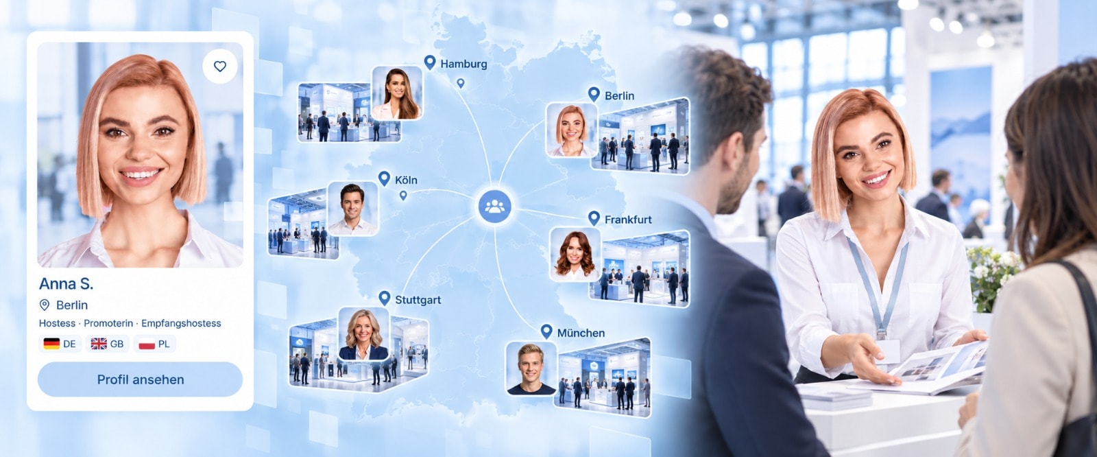 Deutschlandkarte mit Hostessen-Profilen in Hamburg, Berlin, Köln, Frankfurt, Stuttgart und München, daneben eine Hostess am Messestand