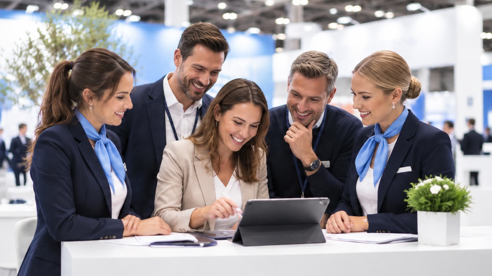 Messehostessen und Gäste schauen gemeinsam auf ein Tablet am Messestand